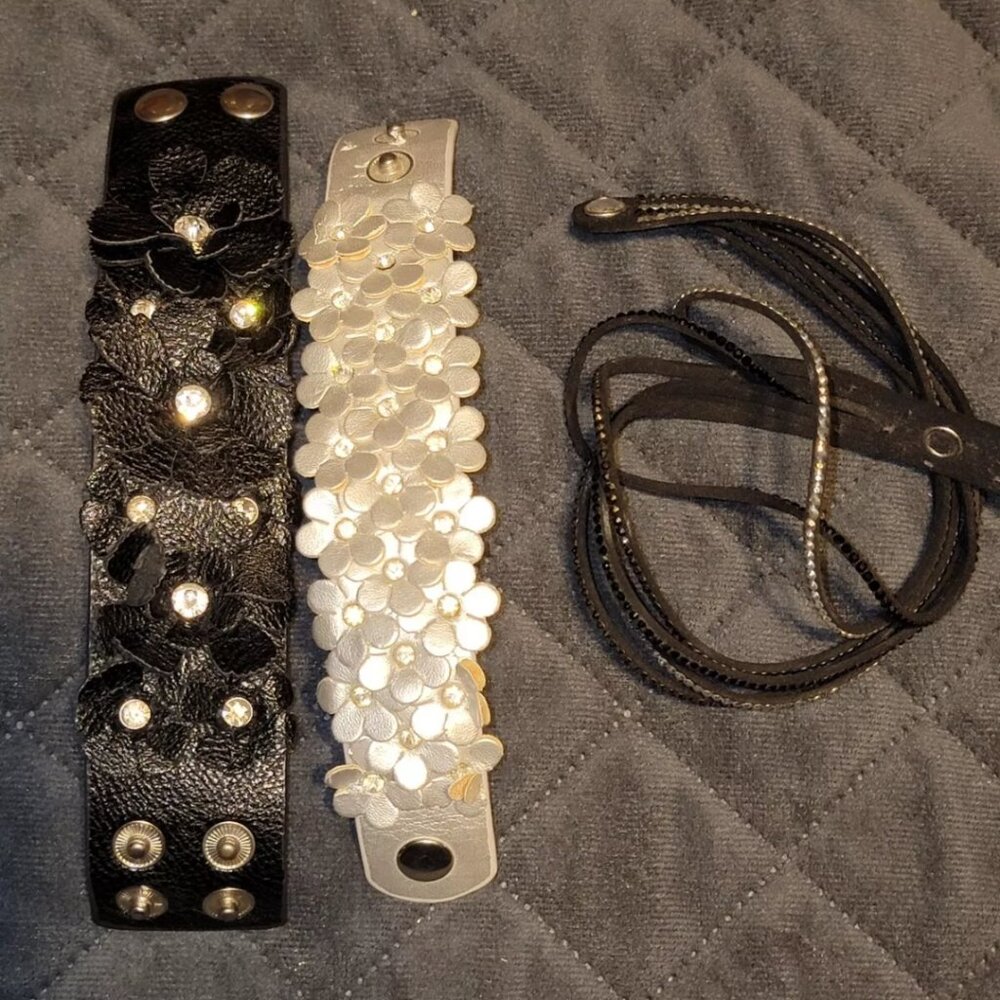 3 Wrap Bracelets Rhinestone Faux Leather Black Silver Floral